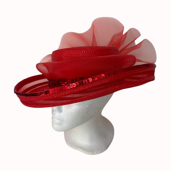 Elegant Red Wide Brim Hat Formal Fashion Tulle Bow Sequin Statement Church Derby main image 11